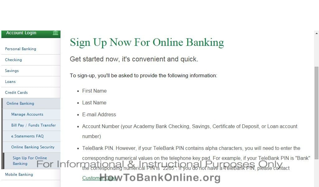Academy Bank Enroll Online Banking (Step 1)