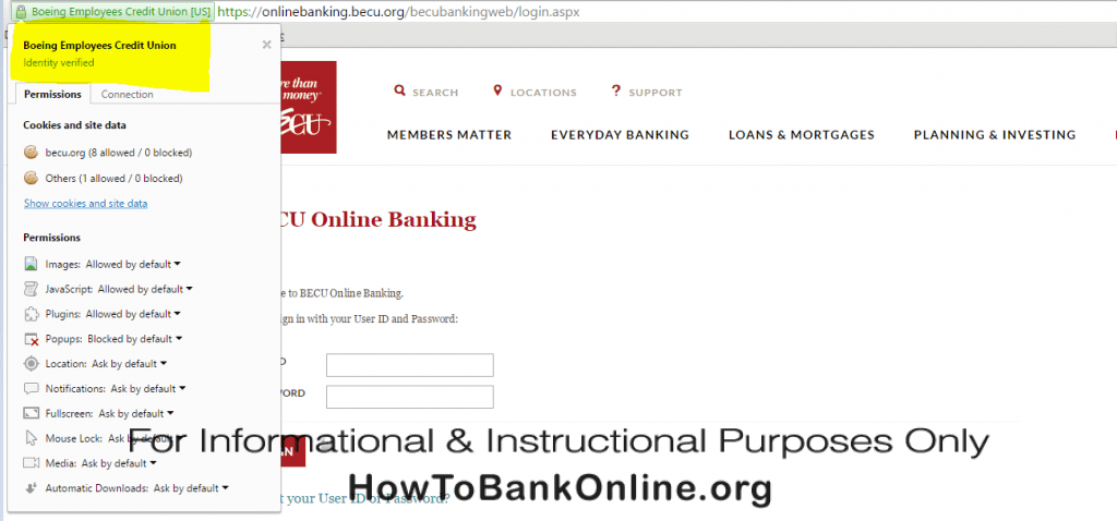 Always make sure that the Identity of the BECU Online Banking website is verified.